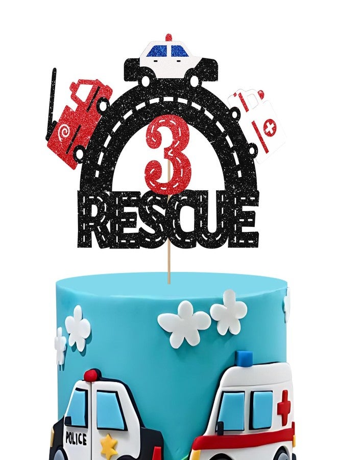 SUPERLUBY Emergency Vehicle 3rd Birthday Cake Topper, Rescue Vehicle Three Cake Topper for Boy, Fire Truck Police 3 Years Old Birthday Cake Decor, Vehicle Car 3rd Anniversary Party Decoration - Black Glitter - Image 1
